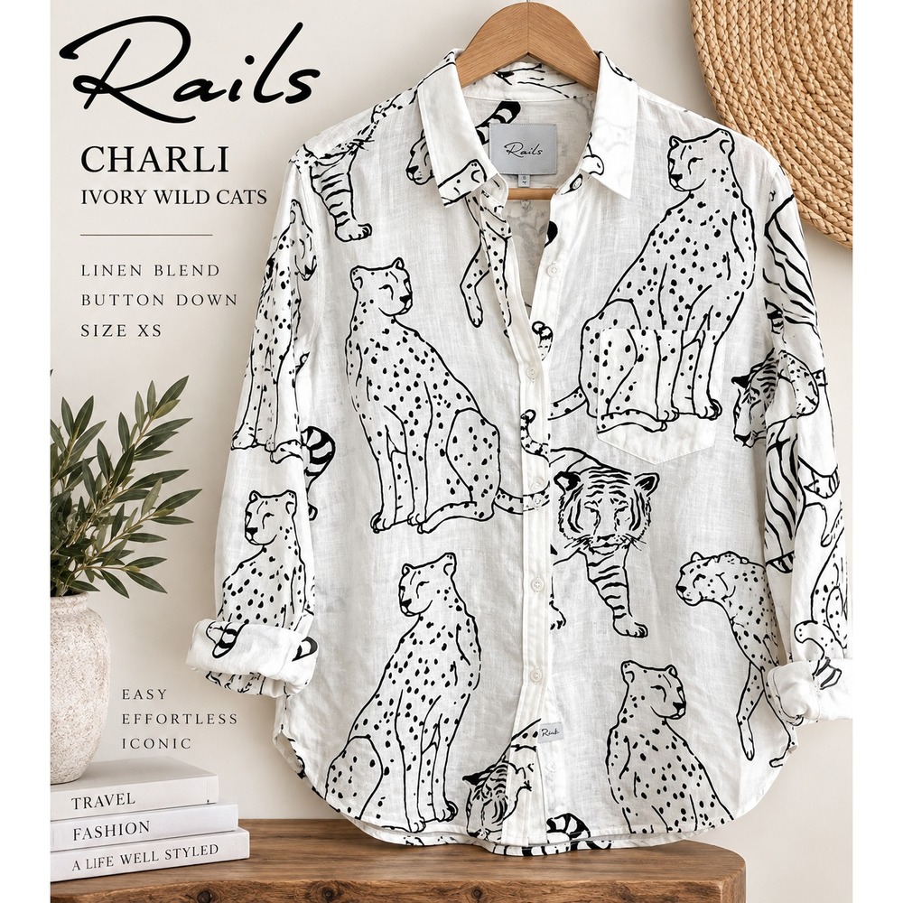 Rails Charli Shirt Women XS Ivory Wild Cats Linen Blend Tiger Cheetah Print